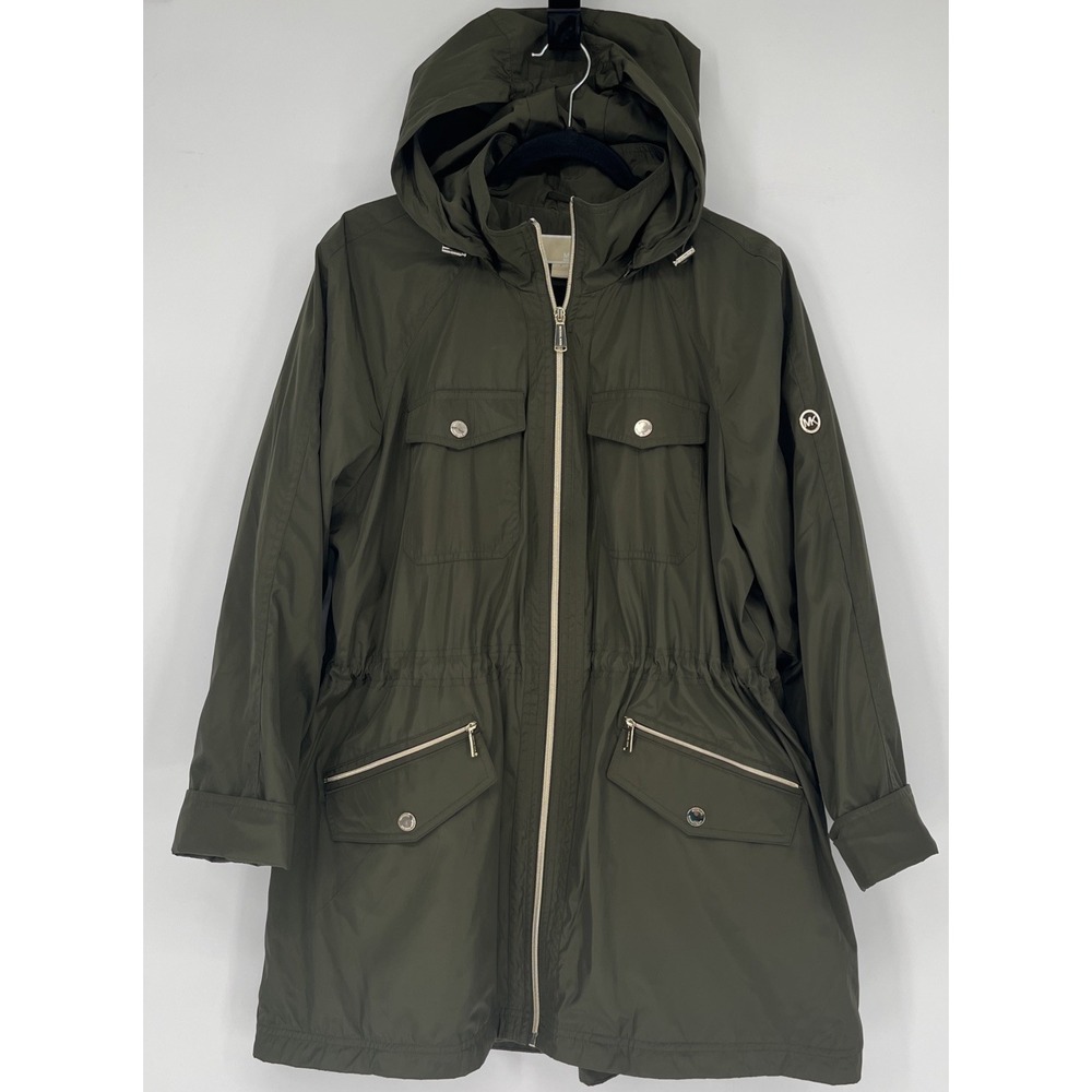 Michael Kors Women's XL Utility Jacket Rain Coat Detachable Hood Zip Up Green
